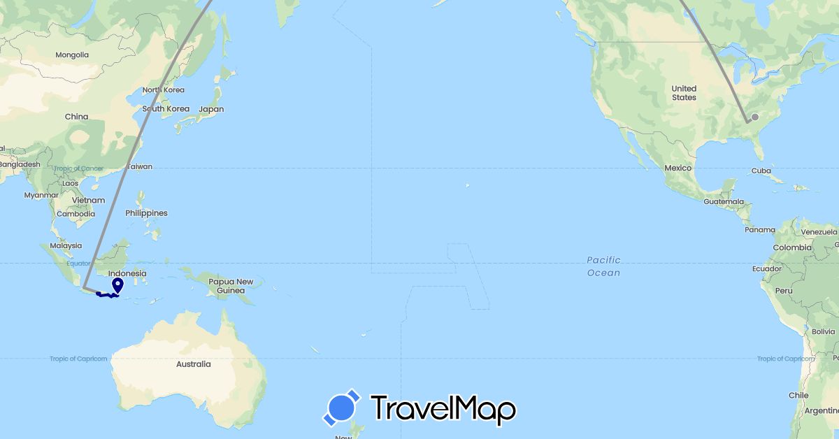 TravelMap itinerary: driving, plane in Indonesia, United States (Asia, North America)